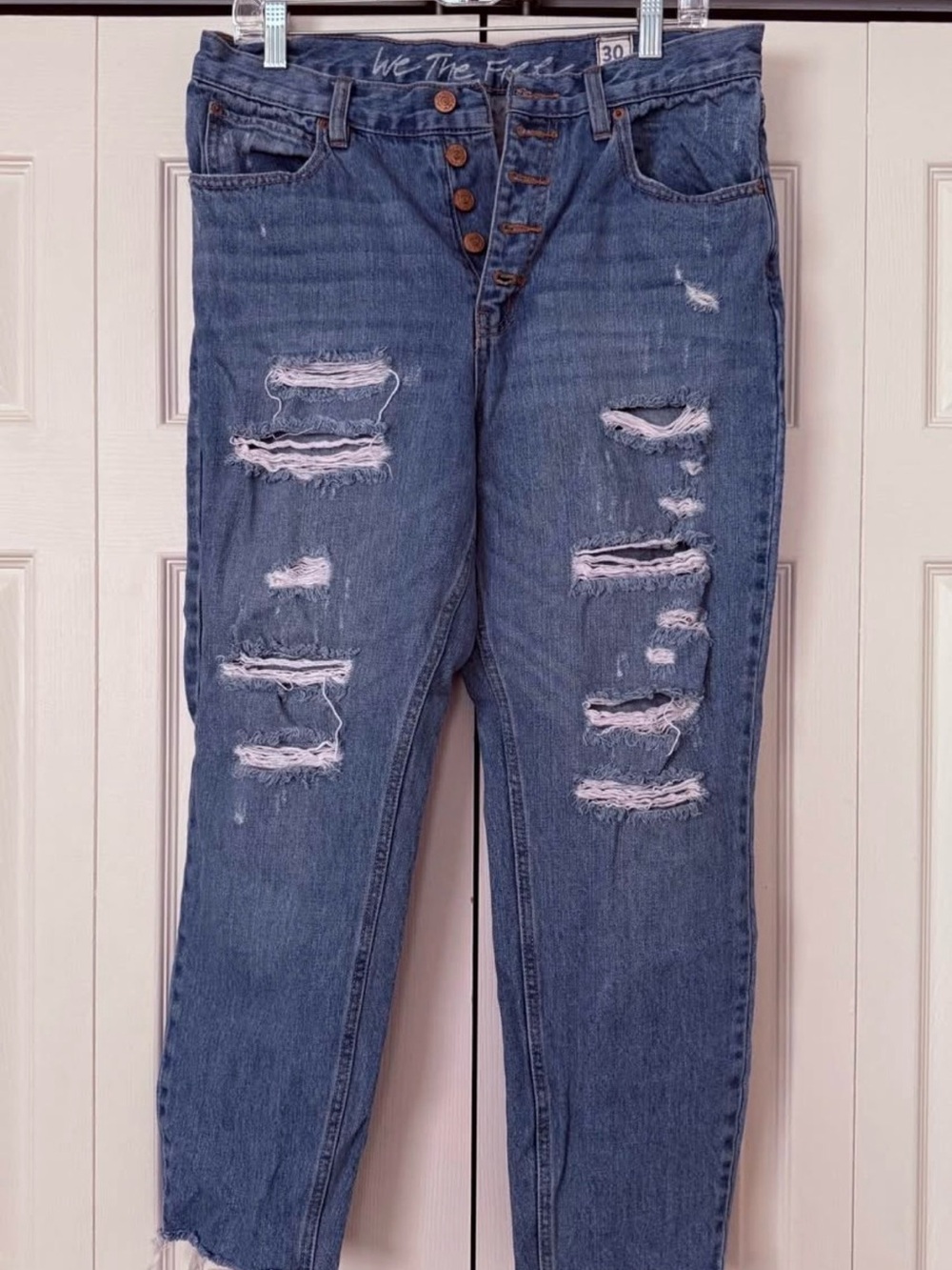 We The Free Straight-Leg Distressed Blue Jeans